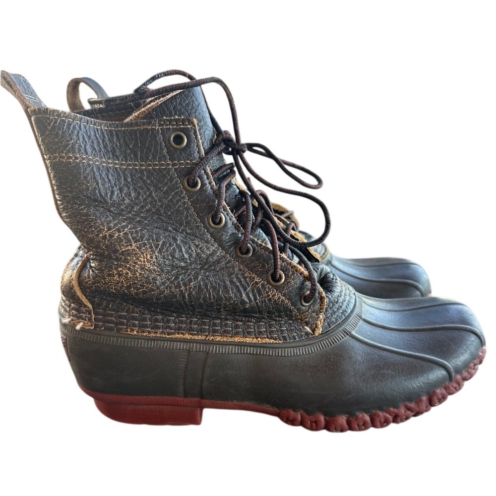 LL Bean Boots Womens Dark Brown Leather Bison Boots Red Sole Made in Maine 9